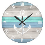 Blue &amp; White Beach Wood Nautical Stripes &amp; Anchor Large Clock
