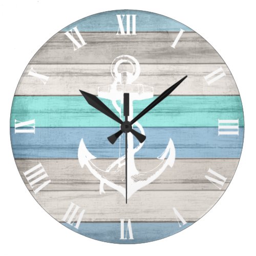 Blue &amp; White Beach Wood Nautical Stripes &amp; Anchor Large Clock