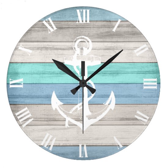 Blue & White Beach Wood Nautical Stripes & Anchor Large Clock