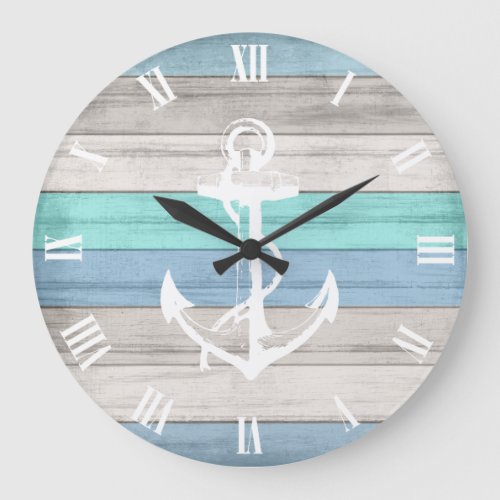 Blue  White Beach Wood Nautical Stripes  Anchor Large Clock