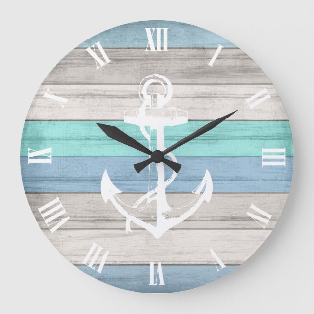 Blue & White Beach Wood Nautical Stripes & Anchor Large Clock (Front)
