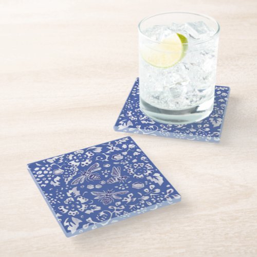 Blue White Bee Floral Rustic Farmhouse Cottage  Glass Coaster