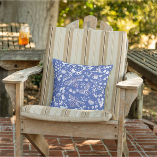 Blue White Bee Floral Rustic Farmhouse Cottage Outdoor Pillow