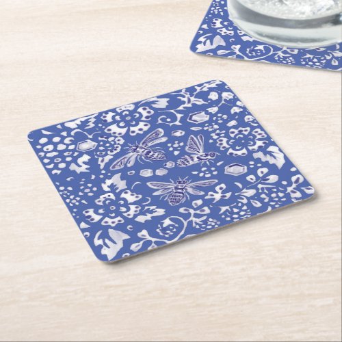 Blue White Bee Floral Rustic Farmhouse Cottage  Square Paper Coaster
