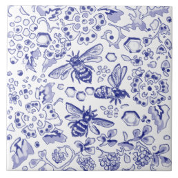 Blue White Bee Honey Floral Farmhouse Rustic Art Ceramic Tile