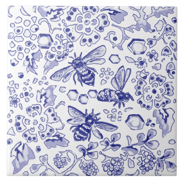 Blue White Bee Honey Floral Farmhouse Rustic Art Ceramic Tile (Front)