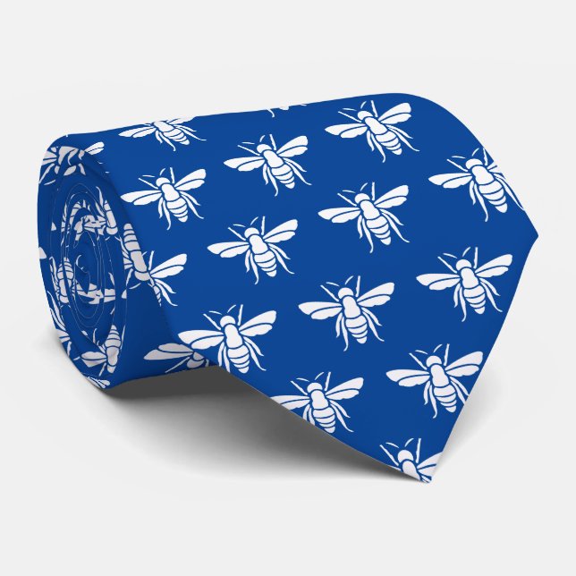 Blue White Bee Pattern  Neck Tie (Rolled)