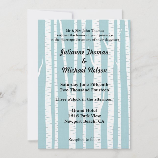 Blue White Birch Trees Wedding Invitation (Front)