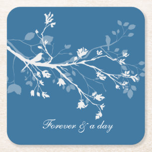 Blue White Bird Branches Wedding Square Paper Coaster