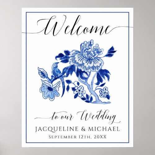 Blue White Bird Chinoiserie Floral Welcome Wedding Poster