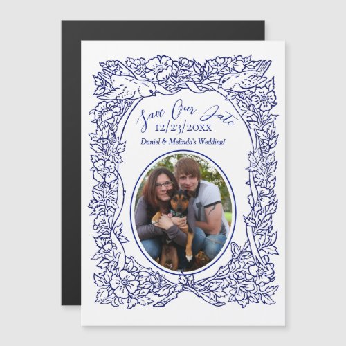 Blue White Bird Floral Art Border Photo Wedding Magnetic Invitation