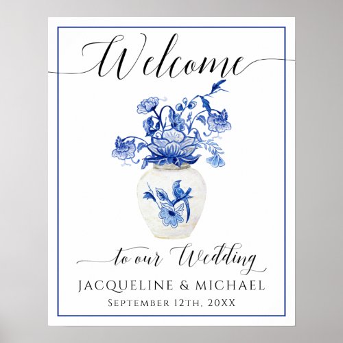 Blue White Bird Floral China Vase Welcome Wedding Poster