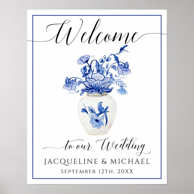 Blue White Bird Floral China Vase Welcome Wedding Poster (Front)