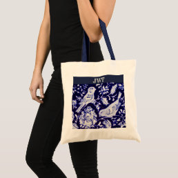 Blue White Bird Floral Monogrammed Tote Bag