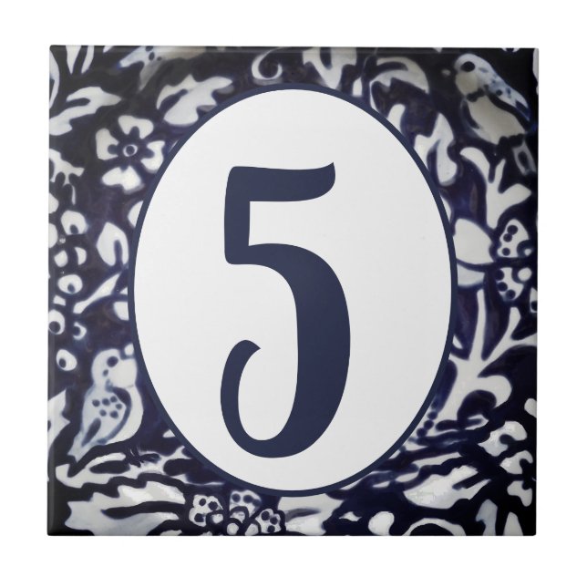 Blue White Bird Flower Woodland House Number Oval Ceramic Tile (Front)