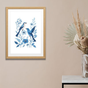 Blue White Birds and Floral Flowers Watercolor Poster