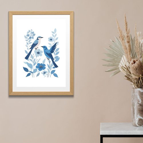 Blue White Birds and Floral Flowers Watercolor  Poster