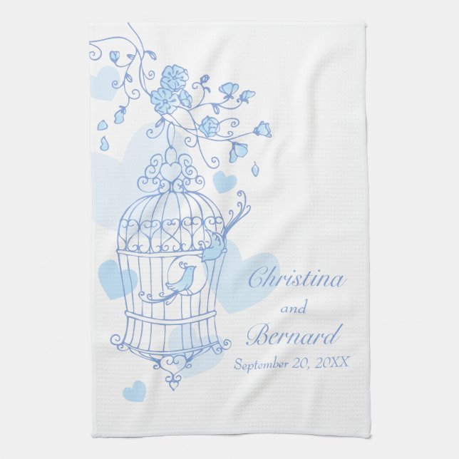 Blue white birds wedding keepsake kitchen towel (Vertical)