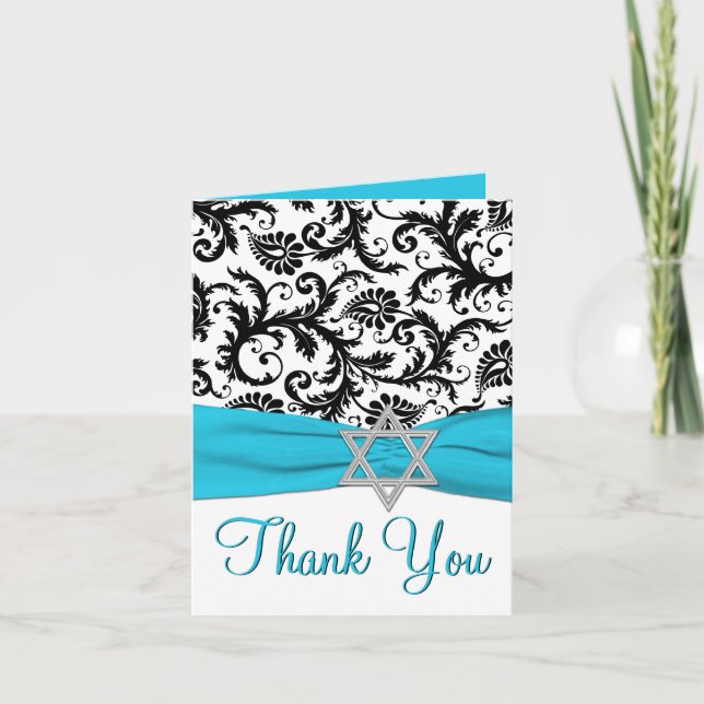 Blue, White, Black Bat Mitzvah Thank You Note Card (Front)