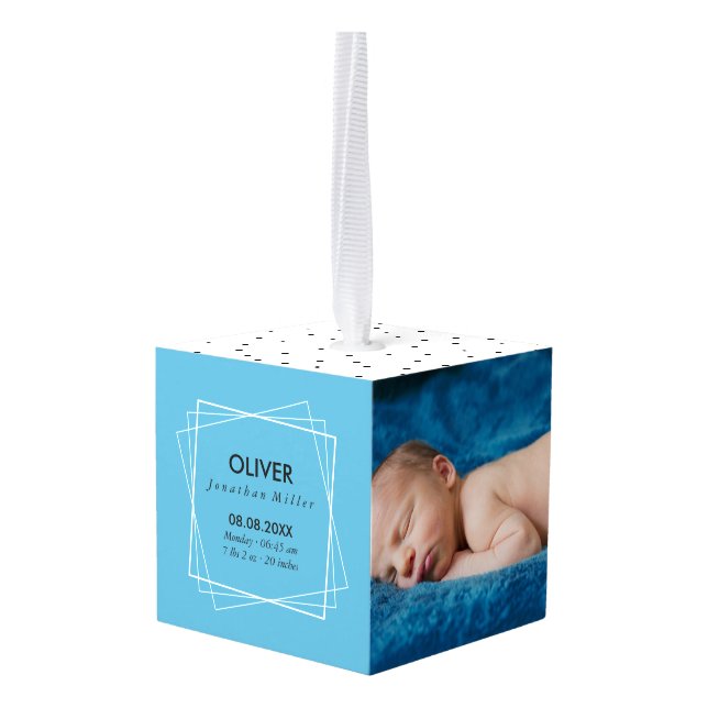 Blue White Black - Birth Stats Custom Photos Cube Ornament (Back Angled)