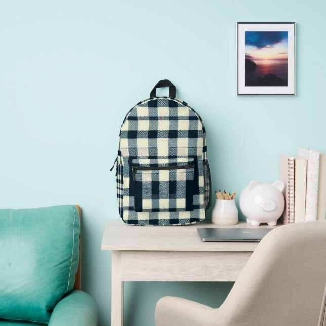 Blue White Black Buffalo Plaid Classic Checkered Printed Backpack (Insitu)