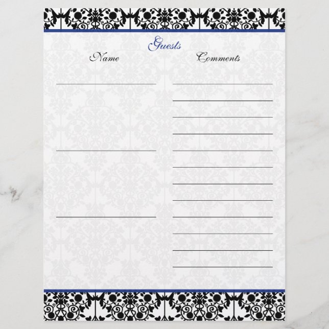 Blue, White, Black Damask Linen Guest Book Paper (Front)