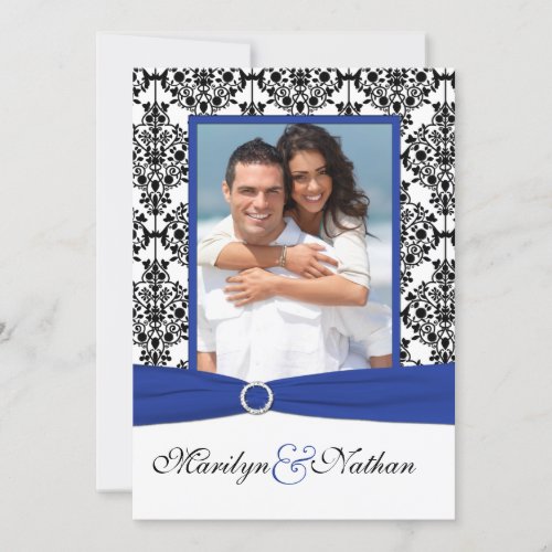 Blue, White, Black Damask Photo Wedding Invitation