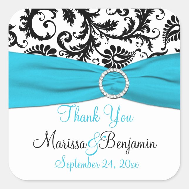 Blue, White, Black Damask Wedding Favor Sticker (Front)