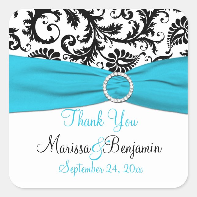 Blue, White, Black Damask Wedding Favor Sticker (Front)