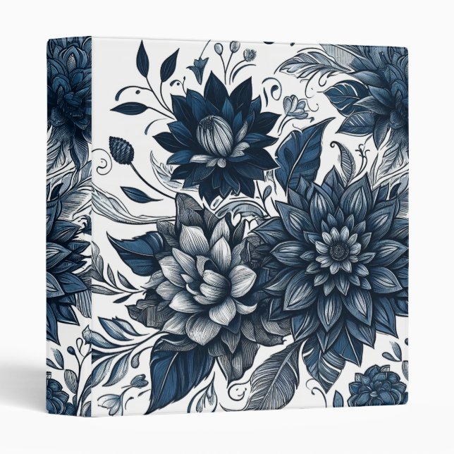 Blue & White Bohemian Floral Print 3 Ring Binder (Front/Spine)