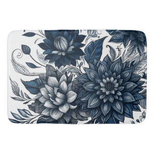 Blue & White Bohemian Floral Print Bath Mat