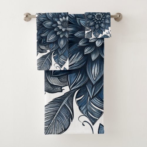 Blue  White Bohemian Floral Print Bath Towel Set