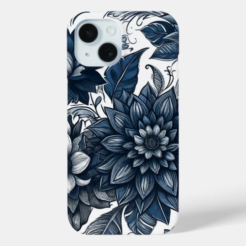 Blue  White Bohemian Floral Print iPhone 15 Case