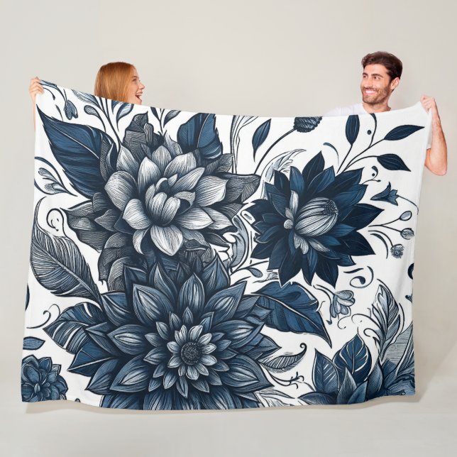 Blue & White Bohemian Floral Print Fleece Blanket (In Situ)
