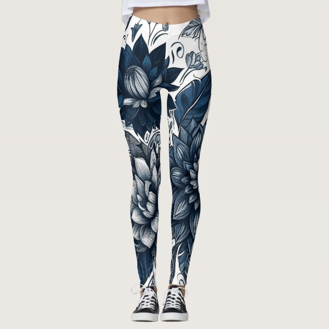 Blue & White Bohemian Floral Print Leggings (Front)
