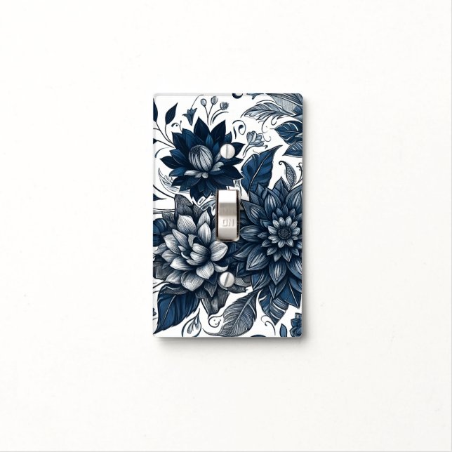 Blue & White Bohemian Floral Print Light Switch Cover (In Situ)