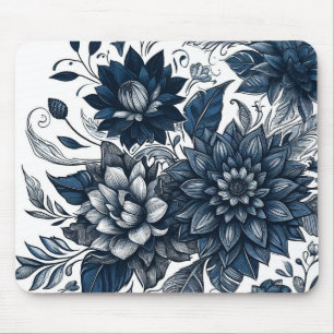 Blue & White Bohemian Floral Print Mouse Pad