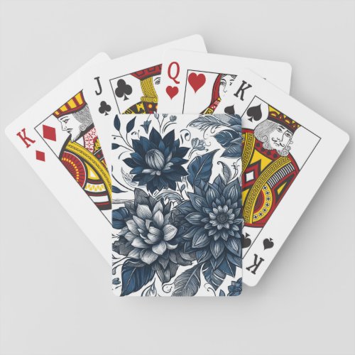 Blue  White Bohemian Floral Print Poker Cards