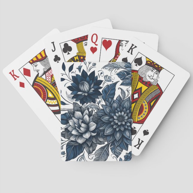 Blue & White Bohemian Floral Print Poker Cards (Back)