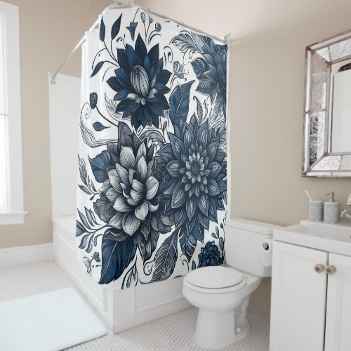 Blue  White Bohemian Floral Print Shower Curtain