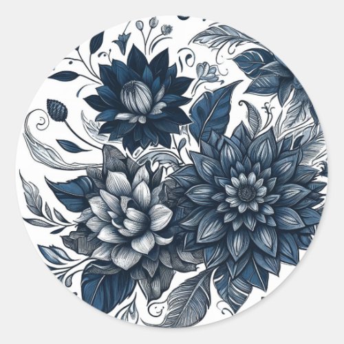 Blue  White Bohemian Floral Wedding Classic Round Sticker