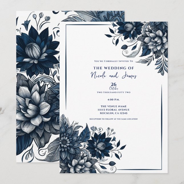 Blue & White Bohemian Glam Floral Wedding Invitation (Front/Back)