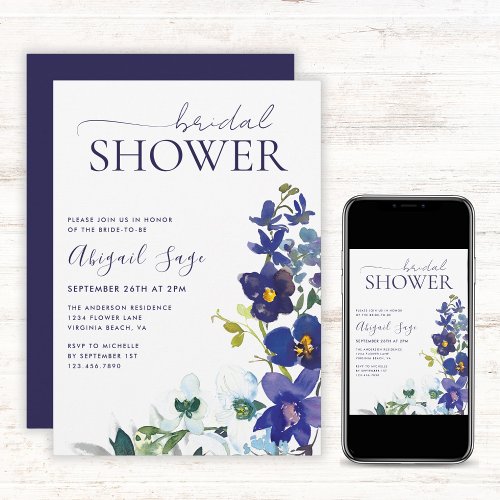 Blue White Boho Floral Trendy Script Bridal Shower Invitation