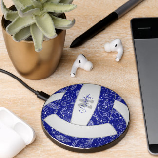 blue white boho paislies pattern girls volleyball wireless charger 