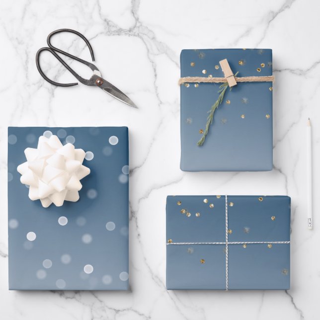 Blue White Bokeh Gold Glitter Confetti Christmas Wrapping Paper Sheets (Front)