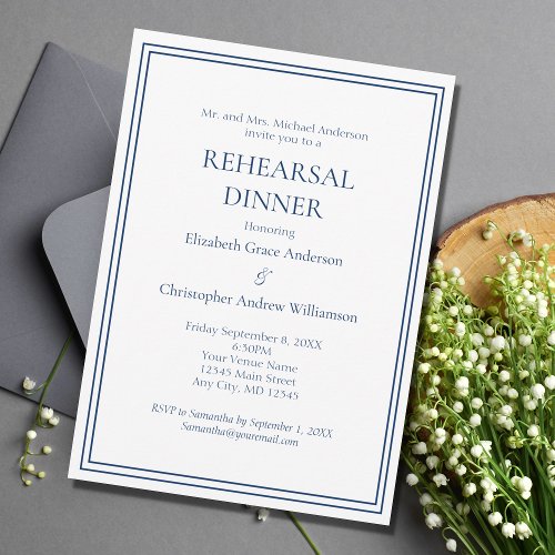 Blue White Border Traditional Rehearsal Dinner  Invitation