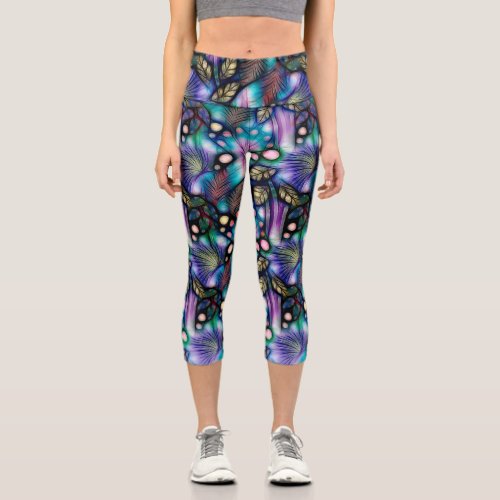 Blue White Botanical Floral Psychedelic Plants Capri Leggings