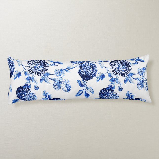 Blue & White Botanical Floral Toile Body Pillow (Back)