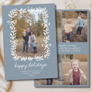 Blue & White Botanical Happy Holidays 5 Photo Holiday Card