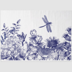 Blue & white botanical mural decoupage tissue paper